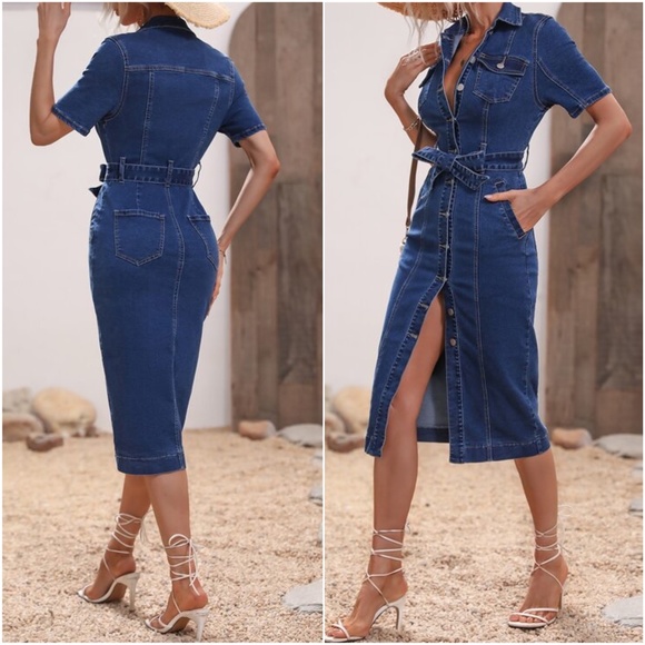 Dark Wash Button down Pocket Short Sleeve Denim Midi Dress - Picture 2 of 3